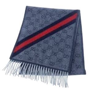 Gucci NWT Nikky Wool GG Monogram Web Stripe Scarf in Midnight Blue